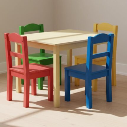Wooden kids table and 4 chairs set with primary colors for playroom