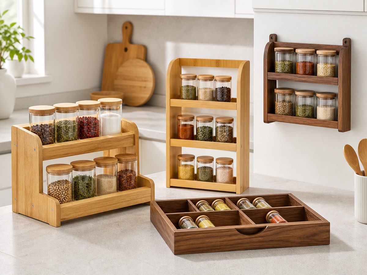 Custom wooden and bamboo spice rack organizers for private label OEM wholesale sourcing