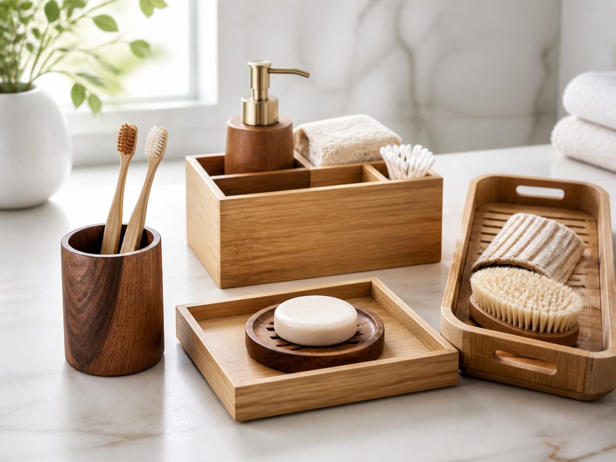 wooden bathroom accessories private label OEM organizer set